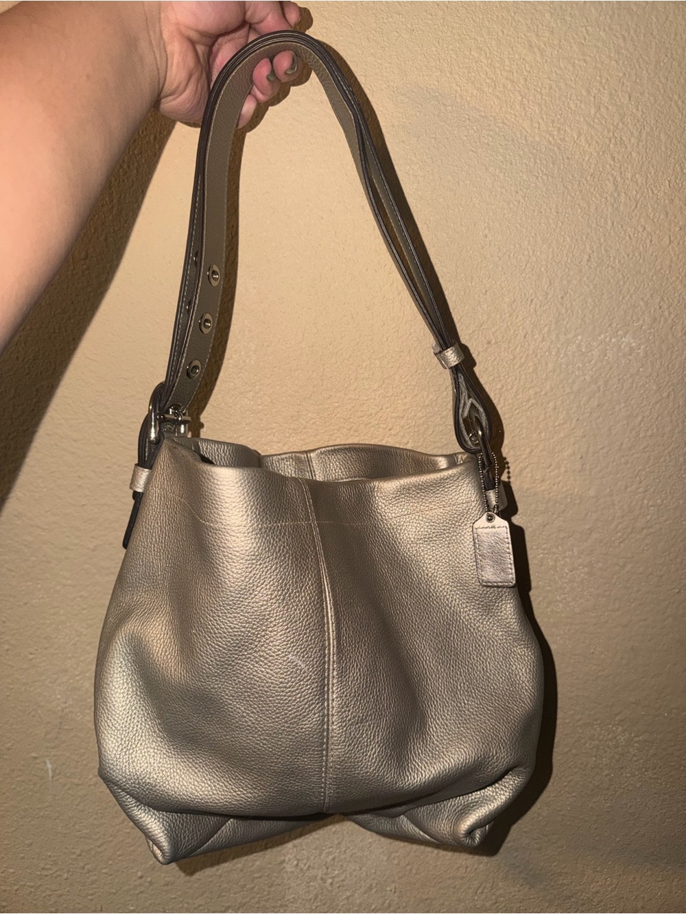 Coach Metallic Taupe Pebbled Leather Shoulder Bag